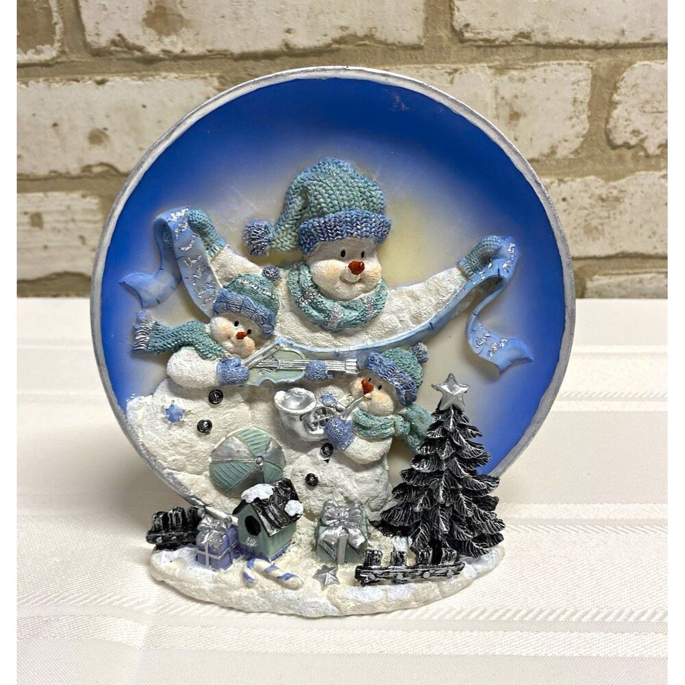 3D Snowman Winter Scene Decorative Plate Blue Snowman Christmas Wall Decor 7"